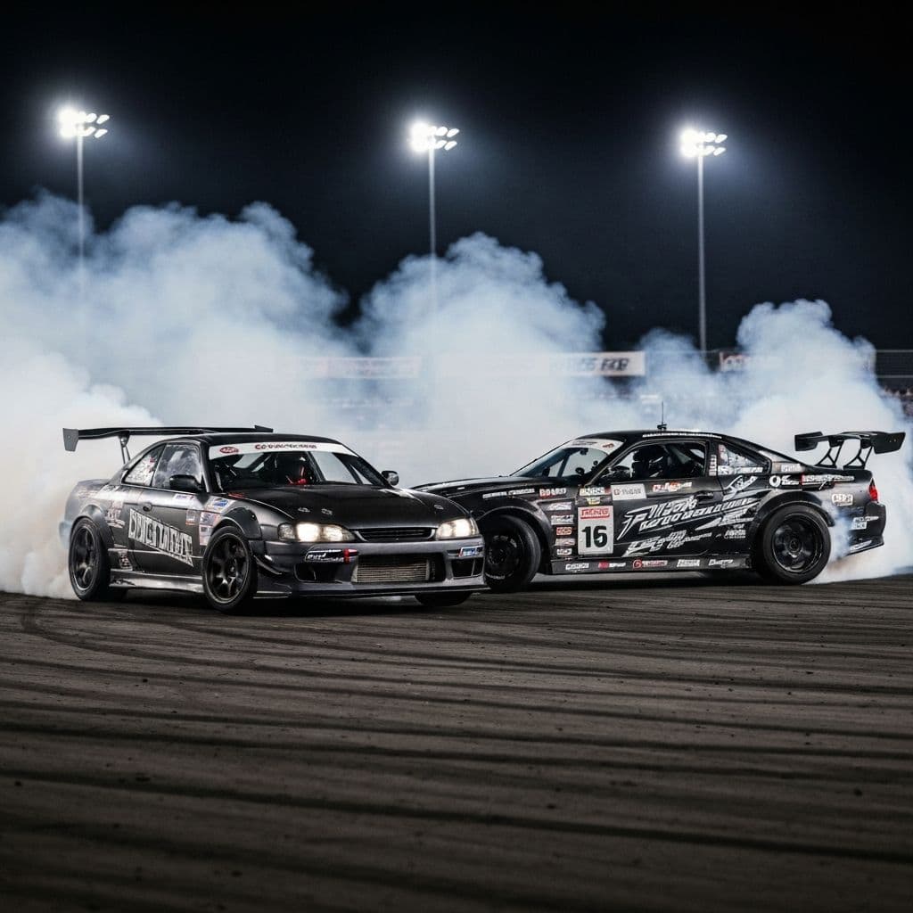 Two drift cars in tandem battle with tire smoke