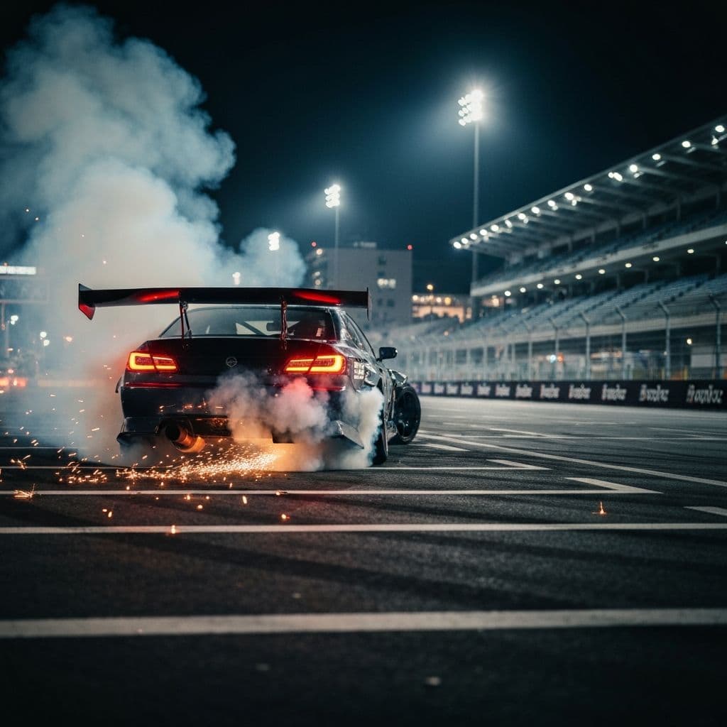 Rear of drift car mid-slide with smoke and sparks