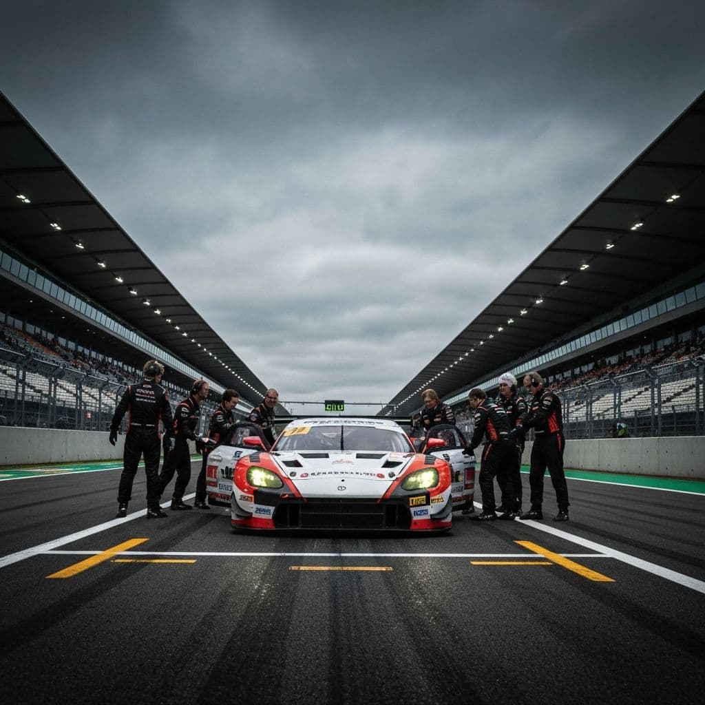 GT race car on the starting grid with pit crew
