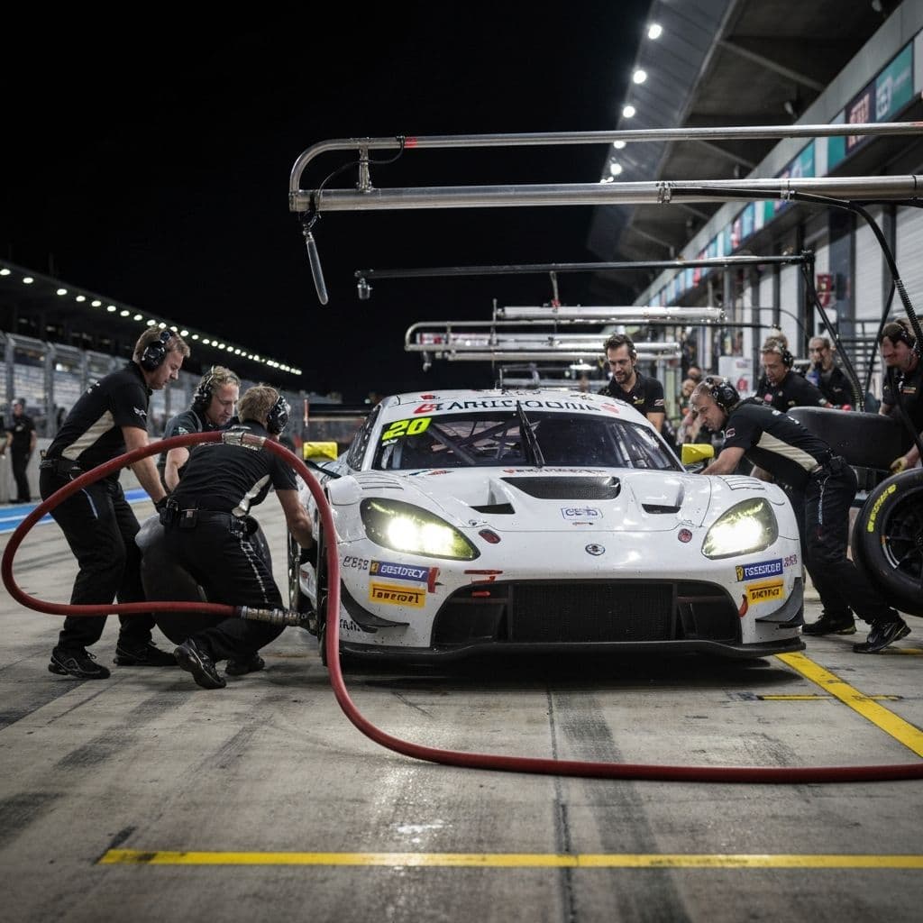 GT race car pit stop with crew changing tires