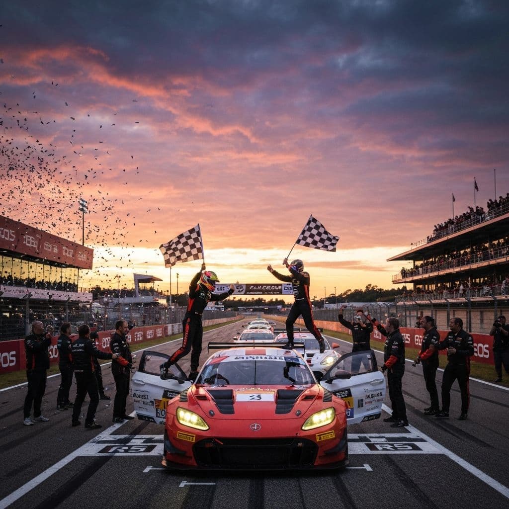 GT race cars crossing the finish line