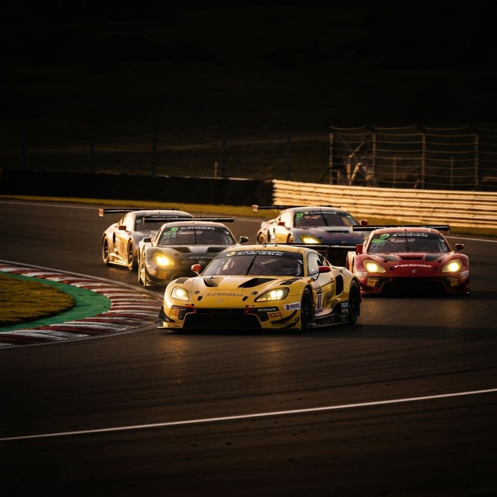 GT race cars battling on track at golden hour